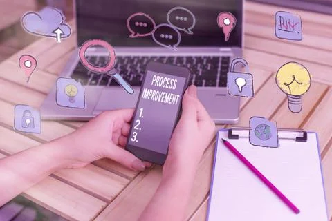 Writing note showing Process Improvement. Business photo showcasing Optimization Foto stock