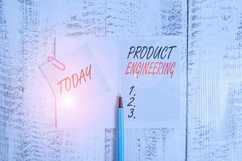 Writing note showing Product Engineering. Business photo showcasing process of Foto stock
