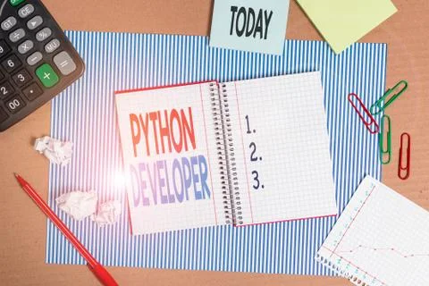 Writing note showing Python Developer. Business photo showcasing responsible for Stock Photos