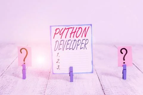 Writing note showing Python Developer. Business photo showcasing responsible for Stock Photos