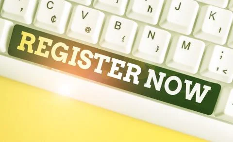 Writing note showing Register Now. Business photo showcasing official list or Stock Photos