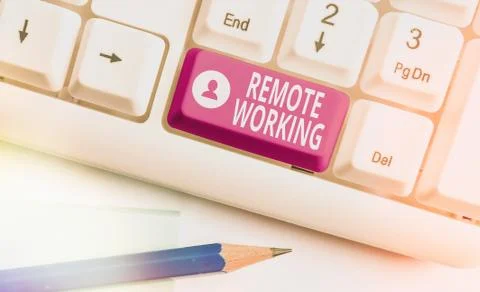 Writing note showing Remote Working. Business photo showcasing style that allows Stock Photos