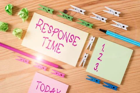 Writing note showing Response Time. Business photo showcasing The amount of time 스톡 사진