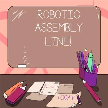 Writing note showing Robotic Assembly Line. Business photo showcasing use to Stock Illustration