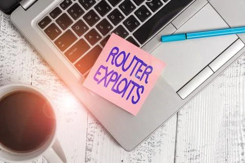 Writing note showing Router Exploits. Business photo showcasing takes advantage Foto stock