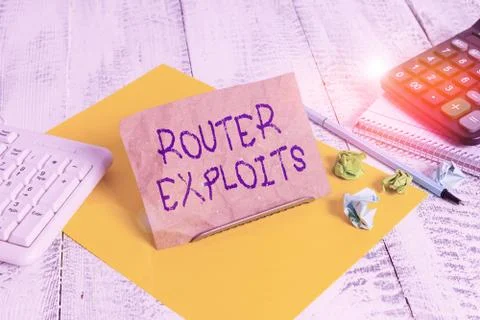 Writing note showing Router Exploits. Business photo showcasing takes advantage 스톡 사진