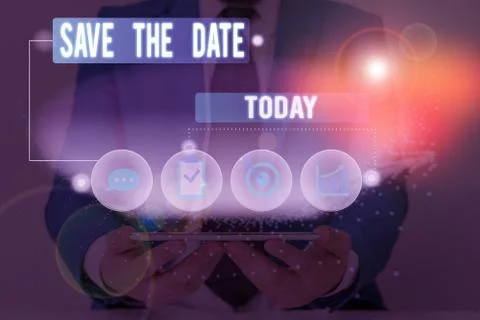 Writing note showing Save The Date. Business photo showcasing Systematized 스톡 사진