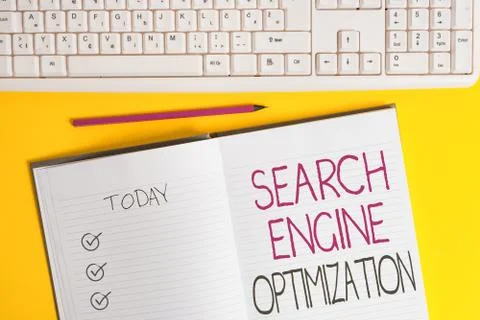 Writing note showing Search Engine Optimization. Business photo showcasing Foto stock