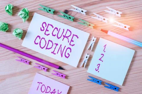 Writing note showing Secure Coding. Business photo showcasing Applied to avoid Stock-Fotos