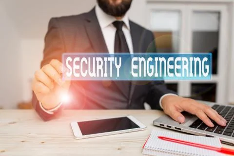 Writing note showing Security Engineering. Business photo showcasing focus on Foto stock
