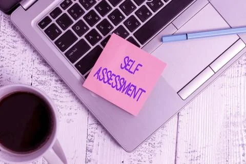 Writing note showing Self Assessment. Business photo showcasing evaluation of Stock Photos