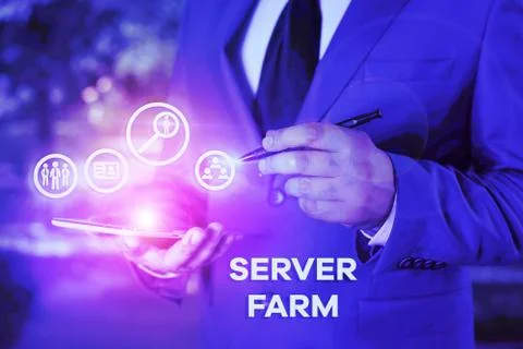Writing note showing Server Farm. Business photo showcasing a group of computers 스톡 사진