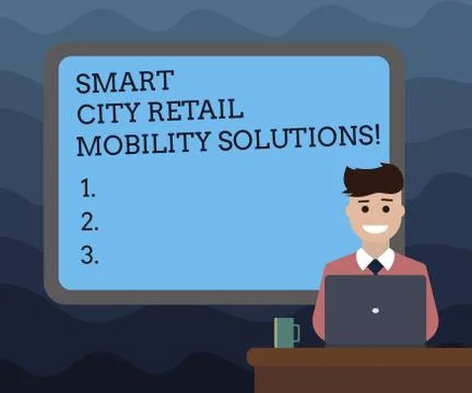 Writing note showing Smart City Retail Mobility Solutions. Business photo Illustrazione stock