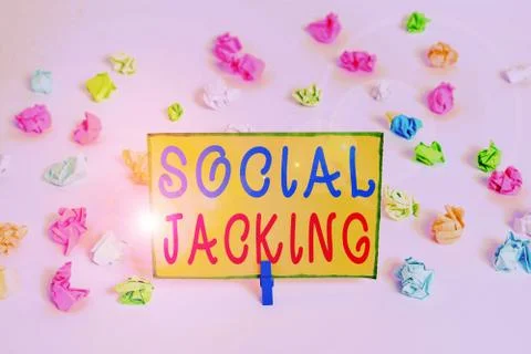 Writing note showing Social Jacking. Business photo showcasing Spiteful method Foto stock
