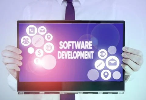 Writing note showing Software Development. Business photo showcasing software is Stock Photos