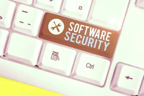Writing note showing Software Security. Business photo showcasing implemented to Foto stock