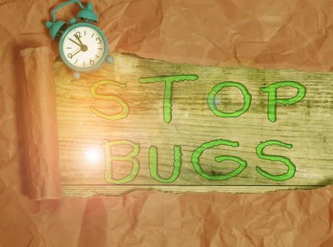 Writing note showing Stop Bugs. Business photo showcasing Get rid an insect or Stock Photos