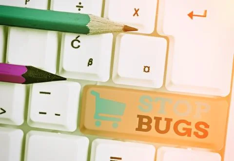 Writing note showing Stop Bugs. Business photo showcasing Get rid an insect or Stock Photos