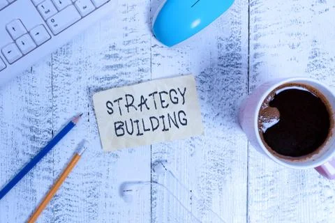 Writing note showing Strategy Building. Business photo showcasing Leveraging Stock Photos