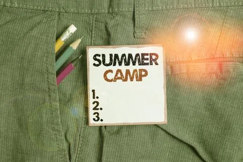 Writing note showing Summer Camp. Business photo showcasing supervised program Stock Photos