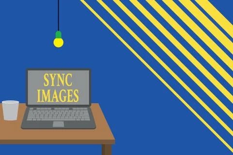 Writing note showing Sync Images. Business photo showcasing Making photos Stockillustratie