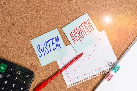 Writing note showing System Migration. Business photo showcasing moving from the Photos