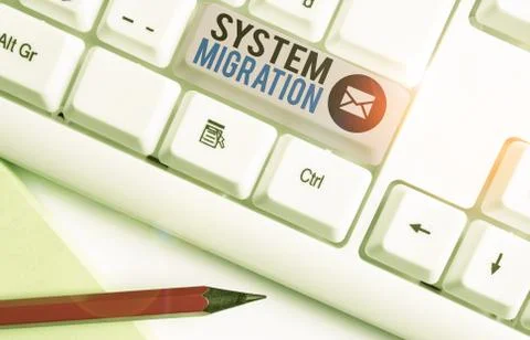 Writing note showing System Migration. Business photo showcasing moving from the Photos