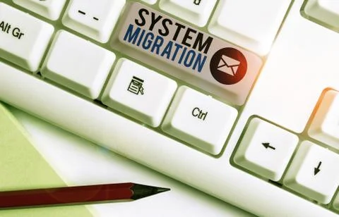 Writing note showing System Migration. Business photo showcasing moving from the 库存照片