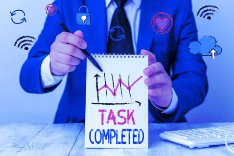 Writing note showing Task Completed. Business photo showcasing Finished action 写真素材