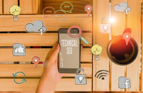 Writing note showing Technical Seo. Business photo showcasing Optimization of Stock Photos