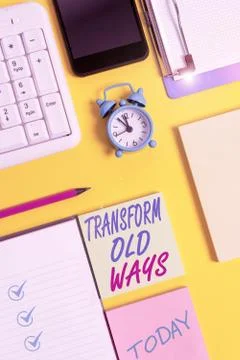 Writing note showing Transform Old Ways. Business photo showcasing replace it Stock Photos