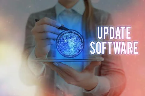 Writing note showing Update Software. Business photo showcasing an application Foto stock