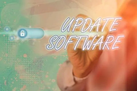 Writing note showing Update Software. Business photo showcasing an application 스톡 사진