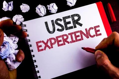 Writing note showing  User Experience. Business photo showcasing Customer exp Stock Photos