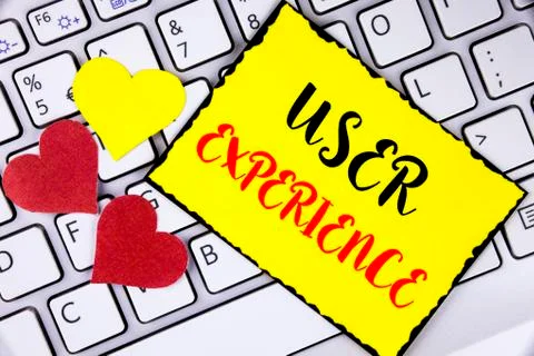 Writing note showing  User Experience. Business photo showcasing Customer exp Stock Photos