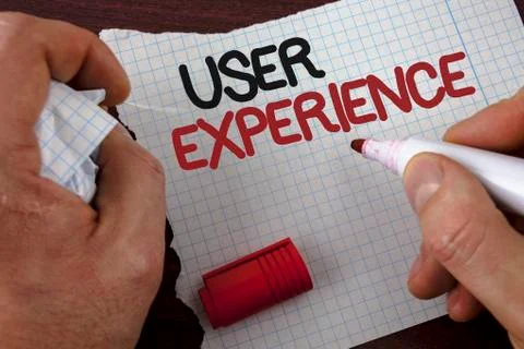 Writing note showing  User Experience. Business photo showcasing Customer exp Stock Photos