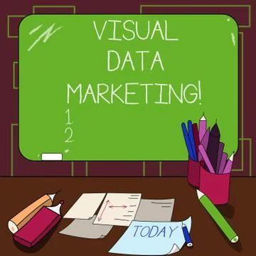 Writing note showing Visual Data Marketing. Business photo showcasing Use images Illustrazione stock