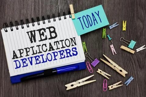 Writing note showing Web Application Developers. Business photo showcasing In Stock Photos