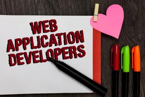 Writing note showing Web Application Developers. Business photo showcasing In 库存照片