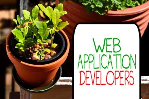 Writing note showing Web Application Developers. Business photo showcasing 库存照片