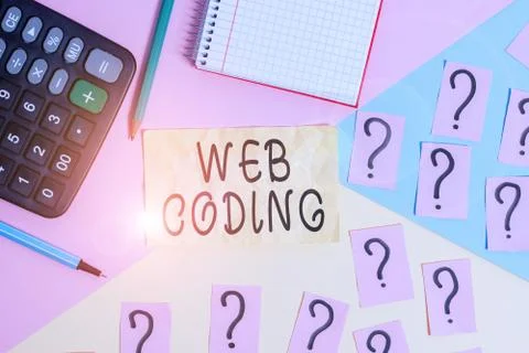 Writing note showing Web Coding. Business photo showcasing work involved in 写真素材