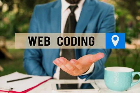 Writing note showing Web Coding. Business photo showcasing work involved in 스톡 사진