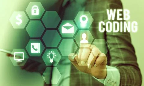 Writing note showing Web Coding. Business photo showcasing work involved in Photos