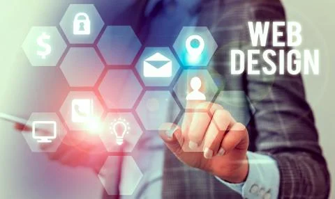 Writing note showing Web Design. Business photo showcasing Website development Stock Photos
