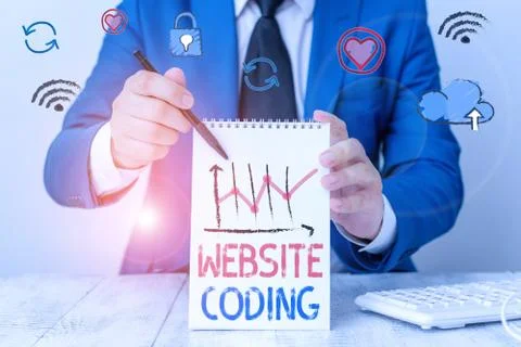 Writing note showing Website Coding. Business photo showcasing system of symbols Stock Photos