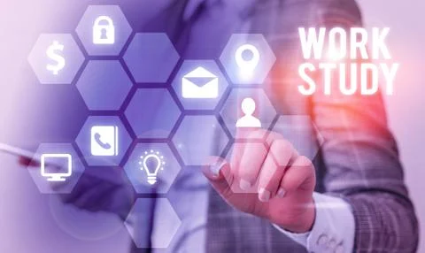 Writing note showing Work Study. Business photo showcasing college program that Stock Photos