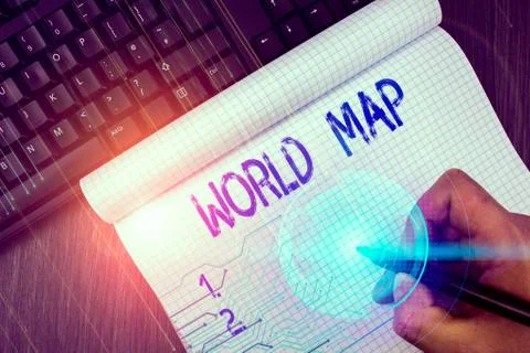 Writing note showing World Map. Business photo showcasing a diagrammatic Foto stock