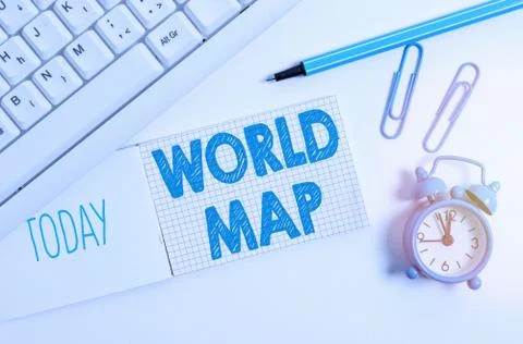 Writing note showing World Map. Business photo showcasing a diagrammatic Foto stock