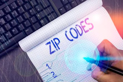 Writing note showing Zip Codes. Business photo showcasing numbers added to a 스톡 사진