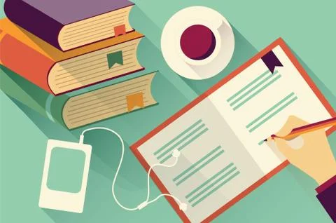 Writing into notebook background with stack of books and coffee, vector Illustrazione stock